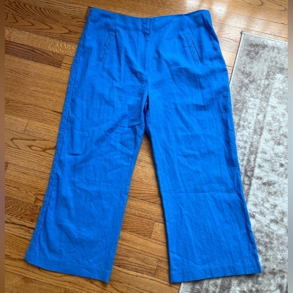 Jason Wu Women’s Linen Blend Vibrant Blue Wide-Leg Pants Braided Detail Size 12